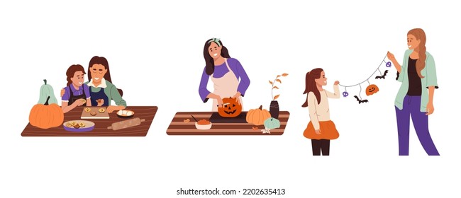 Gente preparándose para la celebración de Halloween. Personajes femeninos tallan calabazas, decoran la casa, cocinan comida festiva. Familia feliz - madre e hija juntas. Conjunto de ilustraciones vectoriales aisladas