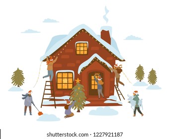 people preparing for Christmas celebration, decorating house, trees, entrance door, yard with stars Xmas lights garlands and wreaths, isolated vector illustration scene