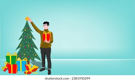 people is preparing for Christmas celebrations with christmas tree flat design vector illustration, christmas party, cartoon Christmas and New Year celebration party suitable for natal day moment