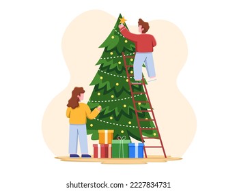 People preparing Christmas with Decorating Christmas Tree together.
People are decorating the Christmas tree with stars and hanging balls.
Suitable for greeting card, postcard, web, landing page, etc