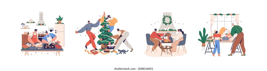 People preparing for Christmas holidays at home set. Happy families and couples decorating Xmas tree, cooking gingerbread, presenting and wrapping gifts. Flat vector illustrations isolated on white