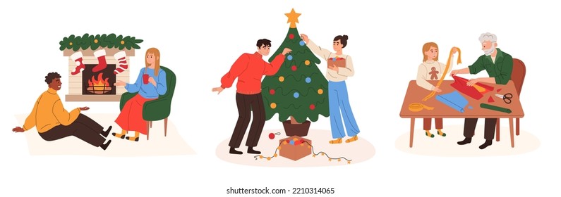 People preparing for Christmas holidays at home set. Happy families and couples decorating Xmas tree, presenting and wrapping gifts. Preparation for winter holidays. Flat vector illustrations isolated