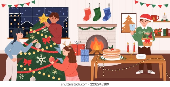 People preparing for a Christmas party. Snow is falling outside the window and the house is in a pleasant atmosphere. Christmas holiday concept vector illustration.