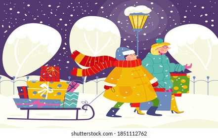 People preparing for Christmas set of vector illustrations scenes. Decorating Christmas tree with baubles and garland. Happy family or friends prepare for Christmas holiday celebration. Xmas presents.