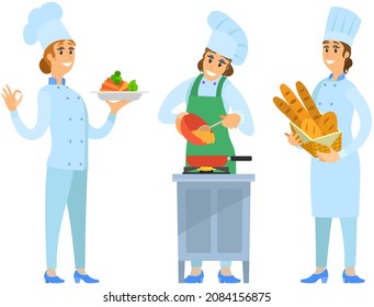 Gente preparando plato, comida. Los cocineros trabajan con equipo de cocina para preparar comida. Los personajes masculinos fritan con sartén, cortan verduras, mezclan, agregan ingredientes de plato. Juego de chefs creando comida de restaurante