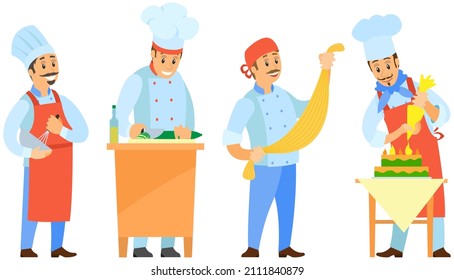 People preparing dish, meal. Chefs work with kitchen equipment to prepare food. Male characters fry with pan, cut vegetables, mix, add ingredients of dish. Set of chefs creating restaurant meal