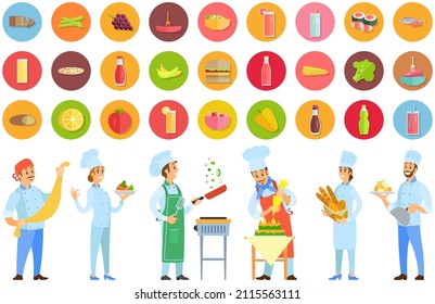 People preparing dish, meal. Chefs work with kitchen equipment to prepare food. Male characters fry with pan, cut vegetables, mix, add ingredients of dish. Set of chefs creating restaurant meal