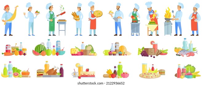 People preparing dish, meal. Chefs work with kitchen equipment to prepare food. Male characters fry with pan, cut vegetables, mix, add ingredients of dish. Set of chefs creating restaurant meal