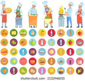 People preparing dish, meal. Chefs work with kitchen equipment to prepare food. Characters fry with pan, cut, mix, add ingredients of dish. Set of chefs creating restaurant meal near food icons