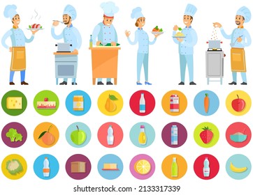 People preparing dish, meal. Chefs work with kitchen equipment to prepare food. Male characters fry with pan, cut vegetables, mix, add ingredients of dish. Set of chefs creating restaurant meal