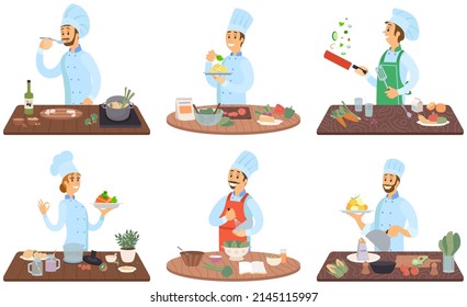 Gente preparando plato, comida. Los cocineros trabajan con equipo de cocina para preparar comida. Los personajes masculinos fritan con sartén, cortan verduras, mezclan, agregan ingredientes de plato. Juego de chefs creando comida de restaurante