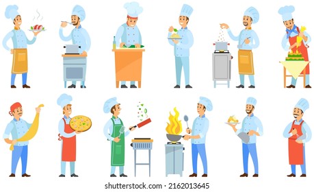 People preparing dish, meal. Chefs work with kitchen equipment to prepare food. Male characters fry with pan, cut vegetables, mix, add ingredients of dish. Set of chefs creating restaurant meal