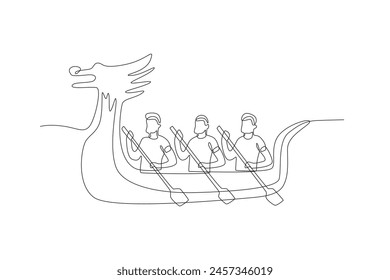People preparing for a dragon boat race. Dragon boat festival concept one-line drawing