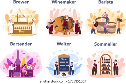 Gente preparando un set de bebidas. Chef con delantal que prepara una sabrosa bebida. Trabajador profesional en la cocina o en el bar. Ilustración vectorial aislada en estilo de dibujos animados