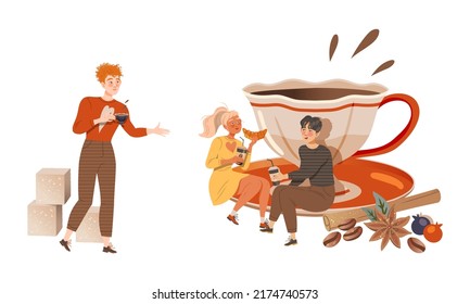 People preparing and drinking coffee set vector illustration