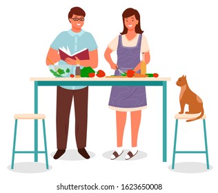 People preparing food at home, isolated character making dish in kitchen. Couple and cat sitting on chair. Woman cutting vegetables, man reading cookbook recipe. Family evening pastime, vector