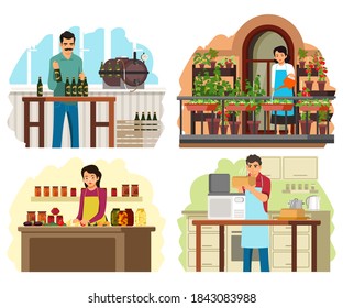 People preparing food in jars, cans and bottles at home set. Woman making jam from fruit and vegetables in cans, girl with plants, man baking bread, guy with beer. Homemade vector illustration.