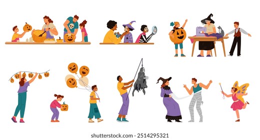 People preparing for Halloween celebration flat vector illustrations set isolated on white. Family carving pumpkins, decorating, making costumes, putting on makeup.