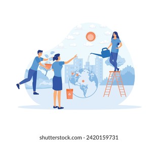   People are preparing for the holiday, saving the planet, World Environment Day, Bio technology, a city in the background of  planet.flat vector modern illustration 