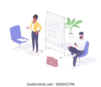 People preparing for job interview isometric illustration. Female character with leaf in hand reads resume aloud. Man with smartphone looks through information about employer vector realistic.