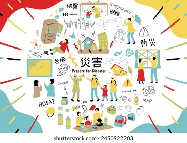 People preparing for natural disasters Japanese kanji character"saigai""Disaster""taifu""typhoon""bosai""disaster prevention""jisin""earthquake""hinan""evacuation"