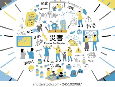 People preparing for natural disasters Japanese kanji character"saigai""Disaster""taifu""typhoon""bosai""disaster prevention""jisin""earthquake""hinan""evacuation"