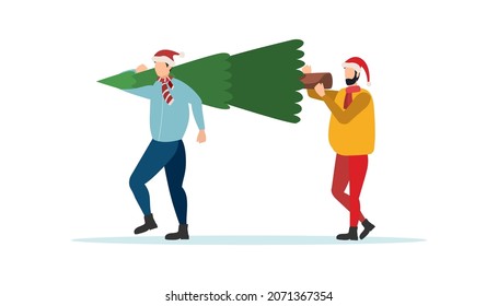 People are preparing for the New Year and Christmas. Man is carrying a felled spruce. celebration of holidays. Vector