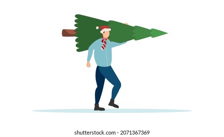 People are preparing for the New Year and Christmas. Man is carrying a felled spruce. celebration of holidays. Vector