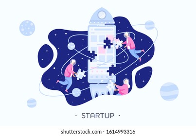 People preparing their startup spaceship to business travel. Team working together on startup and business project launch. Financial idea realization, success. Flat people vector illustration. Vector