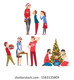 People Preparing for Winter Holidays, Men, Women and Kids Decorating Christmas Tree and Cooking Delicious Dishes Vector Illustration