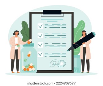 People with prescription. Two women make diagnosis to patient and choose optimal method of treatment. Health care and regular visits, consultations metaphor. Cartoon flat vector illustration