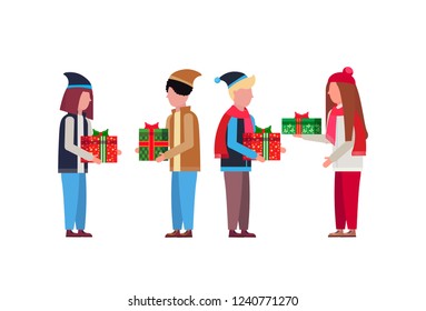people present gift box each other happy new year merry christmas concept male female cartoon character full length isolated horizontal