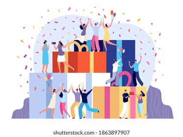 People with present. Smile persons, friends birthday surprise party. Bonus for man woman, giant gift boxes and confetti utter vector concept