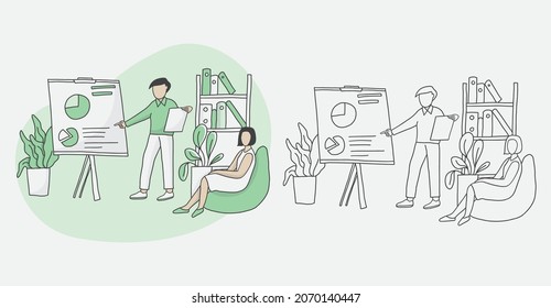 People presentation with chart illustration , flat hand drawing style isolated on white background