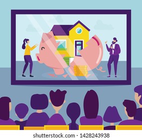 People at Presentation Housing in Installments. Money Saving Concept for Buying Home. Vector Illustration. Image on Moritor. Broken Piggy Bank. Conclude Agreement. People Show Presentation.