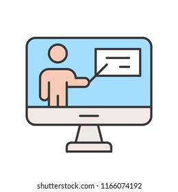 people presentation report on computer desktop screen, webinar or online education concept, editable stroke outline icon