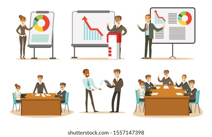 People at the presentation show different graphs. Vector illustration.