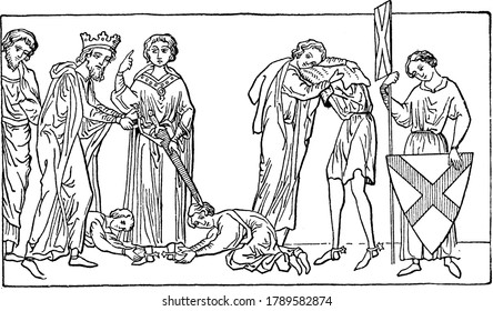 People presenting arm materials to knight Squire, vintage line drawing or engraving illustration.