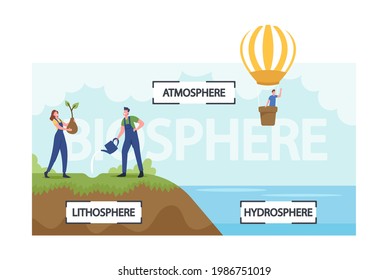 People Presenting Biosphere Infographics. Earth Ecosystem Atmosphere, Lithosphere and Hydrospehre. Tiny Male and Female Characters Watering Plants, Flying on Air Balloon. Cartoon Vector Illustration