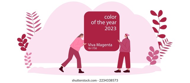  People presenting the color of the year. Pantone 2023 color Viva magenta.