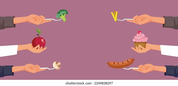 
Personas que presentan diferentes alimentos en el fondo de la caricatura vectorial de las horquillas. Opciones alimentarias saludables y poco saludables presentadas en un contexto
