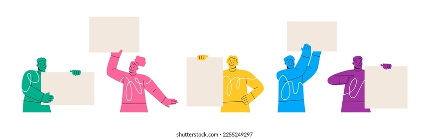 People presenting, Men, women hold empty banner mockups. Colorful vector illustration
