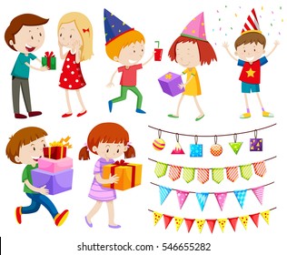 People with presents and drink at party illustration