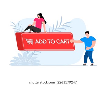 People press button with text add to cart. Click button for app and web design. Shopping cart.