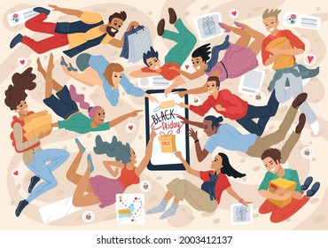 People press the like button, the heart on the button. Different people approve. Concept for Social networks, positive mood, online shopping, dating. Vector illustration, banner design, advertisement.