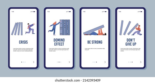 People prevent business problems and domino effect, onboarding screens set flat vector illustration. Set of user interfaces with cartoon characters push domino and stop it from falling.