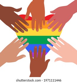 People at the pride parade hold flags and posters with the LGBT symbol. The right to self-affirmation and equality. Celebrating Pride Month against discrimination and violence.