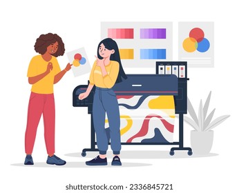 People print colors concept. Man and woman near color printer. Modern technologies and innovations. Interior and clothing designers near pack of palettes. Cartoon flat vector illustration