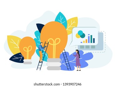 
People in the process of creating a project. Develop a new idea. Light bulbs. business concept with floral background