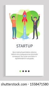 People in process of startup vector, organization employees in field of creating business project, successful businessmen launch innovative rocket. Website or app slider, landing page flat style